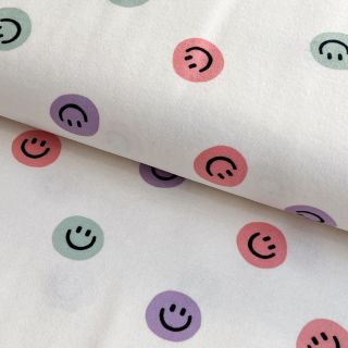 Cotton fabric FLANNEL Happy faces off white lilac