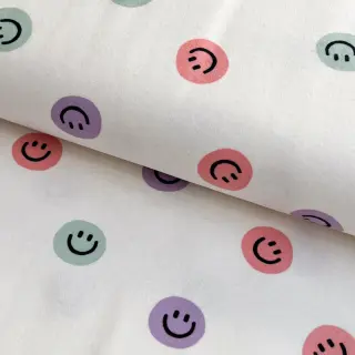 Cotton fabric FLANNEL Happy faces off white lilac