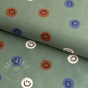 Cotton fabric FLANNEL Happy faces army green