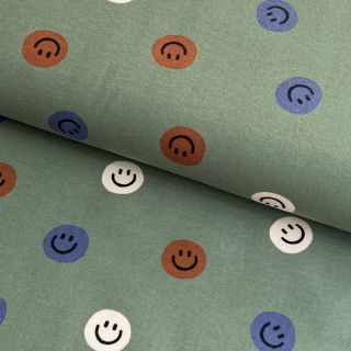Cotton fabric FLANNEL Happy faces army green