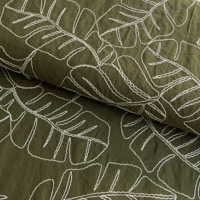 Linen viscose EMBROIDERY Leaves forest green
