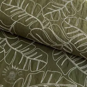 Linen viscose EMBROIDERY Leaves forest green