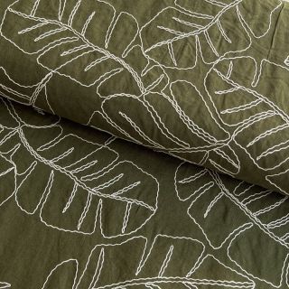 Linen viscose EMBROIDERY Leaves forest green