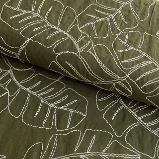 Linen viscose EMBROIDERY Leaves forest green