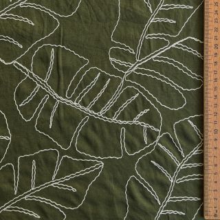 Linen viscose EMBROIDERY Leaves forest green