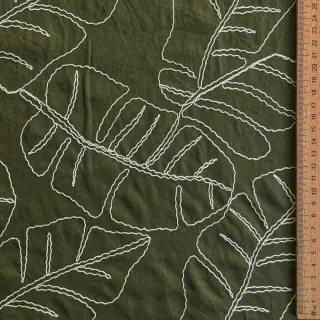 Linen viscose EMBROIDERY Leaves forest green
