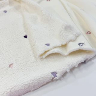 Coat fabric TEDDY EMBROIDERY Hearts ecru