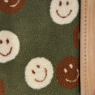 Coat fabric TEDDY JACQUARD Happy faces green