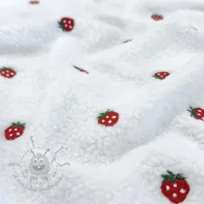 Coat fabric TEDDY EMBROIDERY Strawberries white