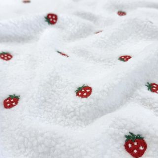 Coat fabric TEDDY EMBROIDERY Strawberries white