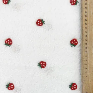 Coat fabric TEDDY EMBROIDERY Strawberries white