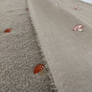 Coat fabric EMBROIDERY Little mushrooms pebble