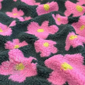 Coat fabric TEDDY JACQUARD Flowers army green/pink