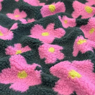 Coat fabric TEDDY JACQUARD Flowers army green/pink
