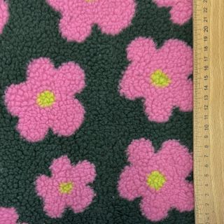Coat fabric TEDDY JACQUARD Flowers army green/pink