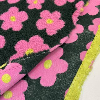 Coat fabric TEDDY JACQUARD Flowers army green/pink