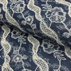 Cotton fabric JEANS EMBROIDERY Flora design A