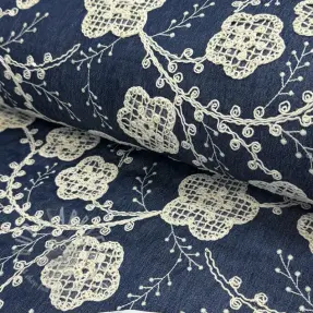 Cotton fabric JEANS EMBROIDERY Flora design C