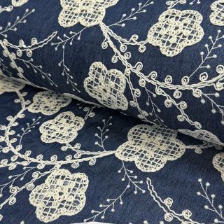 Cotton fabric JEANS EMBROIDERY Flora design C